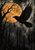 Black raven with spread wings flies across an enormous orange full moon above silhouettes of bare trees and a dark forest.