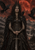 Full-length figure holding a sword beneath a large red moon, surrounded by flying black ravens and distant ruins.