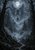 A wolf-like face with luminous eyes appears in fog above a lone figure on a moonlit path through a dense forest.