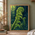 Large bright green curling fern frond with a tight coiled tip and smaller curled fronds against a dark background.; frame shown for styling only
