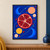 Central ruby pomegranate cross-section surrounded by colorful orbiting discs, crescents, lines, and seed-like shapes on a blue background.; frame shown for styling only