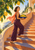 A woman in a plum outfit and coral scarf climbs curved terracotta stairs carrying a blue bowl of lemons beneath a leafy citrus branch.