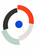 Cobalt-blue central disc surrounded by four broken geometric arcs in vermilion, charcoal, pale mint, and warm white.