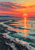 Coral-orange sun and broken reflection over teal tidal flats, with sweeping shoreline bands, a distant ridge, and two small wading birds.