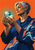 An adult-presenting silver-haired figure in a cobalt coat with coral and aqua bands holds a luminous blue-green sphere against an orange ground with teal arcs.