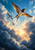 Three swallow-like birds fly upward through blue storm clouds toward a bright peach-gold opening in the sky.