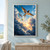 Three swallow-like birds fly upward through blue storm clouds toward a bright peach-gold opening in the sky.; frame shown for styling only