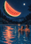 A glowing crescent watermelon floats above a night pool as two figures look up; one holds a sparkler, with coral light reflecting on the water.