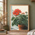 Botanical illustration of a potted geranium with coral-red flowers, scalloped green leaves, droplets, and a pale window ledge.; frame shown for styling only
