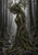 A bowed tree-like figure with exposed roots and a branch crown with pink flowers stands in a misty forest as dragonflies hover nearby.
