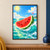 A cut watermelon wedge with black seeds floats above curling turquoise waves beneath a bright blue sky.; frame shown for styling only