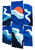 Coral-orange sun partly hidden by a pale wave band among irregular cobalt and ultramarine collage panels.