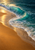 Turquoise surf and white foam curve toward a broad golden sandy shore, with tiny dark seabirds near the waterline.