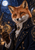 Anthropomorphic red fox in a star-embroidered navy coat holding a brass astrolabe-like instrument in a moonlit observatory.