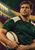 Painterly close portrait of a rugby player in a green jersey holding an ivory rugby ball against curved stadium-like bands.