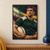 Painterly close portrait of a rugby player in a green jersey holding an ivory rugby ball against curved stadium-like bands.; frame shown for styling only