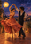 Two adults turn together beneath a glowing paper lantern on a rooftop, with the woman’s coral-orange dress sweeping across the tiled floor.