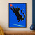 Black cat with amber eyes leaping toward a faceted coral-red ball on a cobalt background with a mint shadow shape.; frame shown for styling only