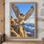 A forward-facing falcon-like raptor reaches toward a rocky ledge with raised wings, backed by blue mountains and clouds.; frame shown for styling only