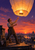 Adult worker on a rooftop holding a cord to a large glowing paper lantern, with a city skyline and crescent moon at dusk.