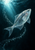 A translucent-looking silver-blue fish swims upward through dark teal water beneath a cyan light shaft, with bubbles curving around it.