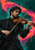 Adult violinist in a black suit playing a brown violin amid a curling coral and fuchsia paint ribbon.