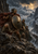 Large foreground shield-bearer with companions and distant soldiers in a rocky mountain pass beneath storm clouds and lightning.
