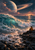 Turquoise wave and rocky shore beneath a large ringed planet, with a small seated figure in a yellow-orange coat.