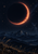 Silhouetted birds sweep across the copper-orange rim of a dark crescent-like disc above a starry sky, mountain ridge and golden grasses.