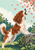 Long-haired russet-and-white spaniel-like dog with front paws on a stone, looking upward amid blossoms and drifting coral petals.