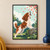 Long-haired russet-and-white spaniel-like dog with front paws on a stone, looking upward amid blossoms and drifting coral petals.; frame shown for styling only