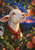White horned goat in a green vest and red scarf looking toward a glowing red apple in a twilight orchard.