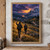 Two backpacked hikers follow a meadow path toward a lit timber shelter; the nearer hiker raises a lantern beneath a dramatic sunset sky.; frame shown for styling only