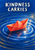 Cream uppercase “KINDNESS CARRIES” above a coral folded paper boat on cobalt water with circular ripples, gold arcs and a pale heart-shaped reflection.