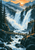 Multi-tier waterfall in a forested mountain gorge at sunrise, with a mountain goat on a rocky ledge and a footbridge crossing the river below.
