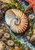 Large ribbed spiral shell in a blue tidepool among sea lettuce, rocks, pebbles, pale anemones, and a partially cropped red-orange starfish.