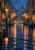 Rainy city canal at night leading to a warmly lit arched footbridge, with a floating lantern, moored boat, and amber and rose reflections.