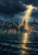 Waterfront skyline beneath indigo storm clouds, with golden sunlight illuminating a copper-domed tower and reflecting across the bay.