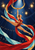 Red-costumed aerialist performs a wide split beneath a crescent-shaped trapeze, surrounded by sweeping ribbons and starburst lights.