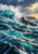 A turquoise breaker crashes against a dark rocky breakwater with a small red beacon and sunlit clouds behind it.