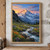 Snow-covered alpine peak glowing in dawn light above a meadow stream, wildflowers, evergreen slopes, and distant mountains.; frame shown for styling only