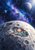 A small astronaut kneels beside bright flowers on a cratered moon, with a colorful nebula, stars, and planets behind.