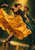 Two dancers in saffron, plum, and teal costumes perform a supported turning duet under a golden spotlight on a dark green stage.