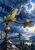 Green tree frog perched on ornate weather-vane metalwork reaches toward a suspended raindrop beneath storm clouds.