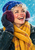 Painterly close-up of a laughing woman in a cobalt cap and plum earmuffs, with a gloved hand raised and a golden scarf against an icy turquoise background.