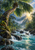 Large curving palm and arching fronds above a rocky turquoise rainforest stream, with dense foliage and golden sunlight.