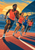 Four runners round a curved stadium track at sunrise, led by a prominent foreground runner, with lane lines, a crowd, and city skyline.