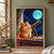 Golden-brown hamster beside a brass telescope on a wooden sill, looking toward a turquoise moon through an arched window.; frame shown for styling only