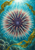Large sea urchin with pale, coral, and greenish spines surrounded by kelp and bubbles in turquoise water.