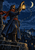A bearded figure in a dark coat and rust-red scarf raises a glowing lantern above a stone parapet beneath a crescent moon.